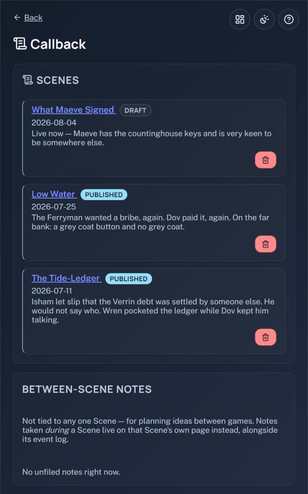 The Scenes screen, listing three of them with their recaps and draft or published badges, most recent first.